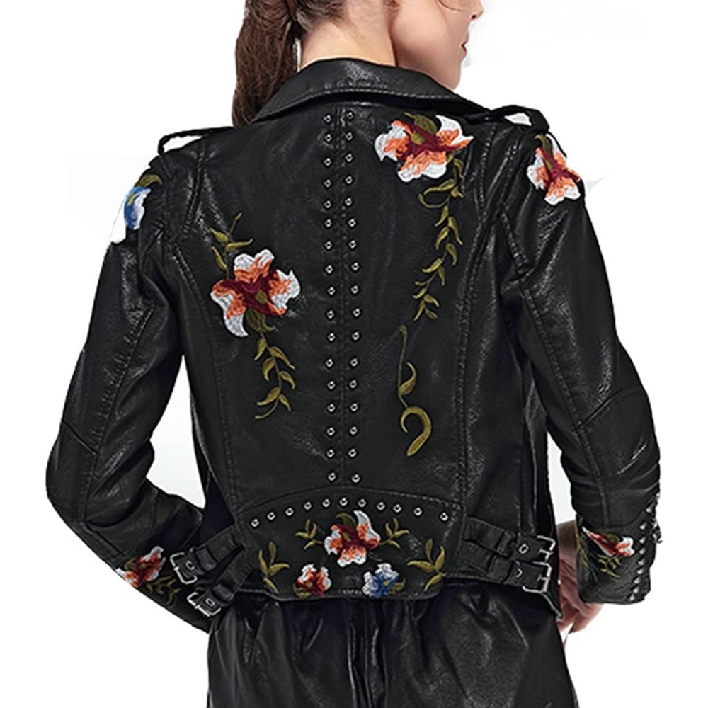 Faux Leather Floral Motorcycle Jacket